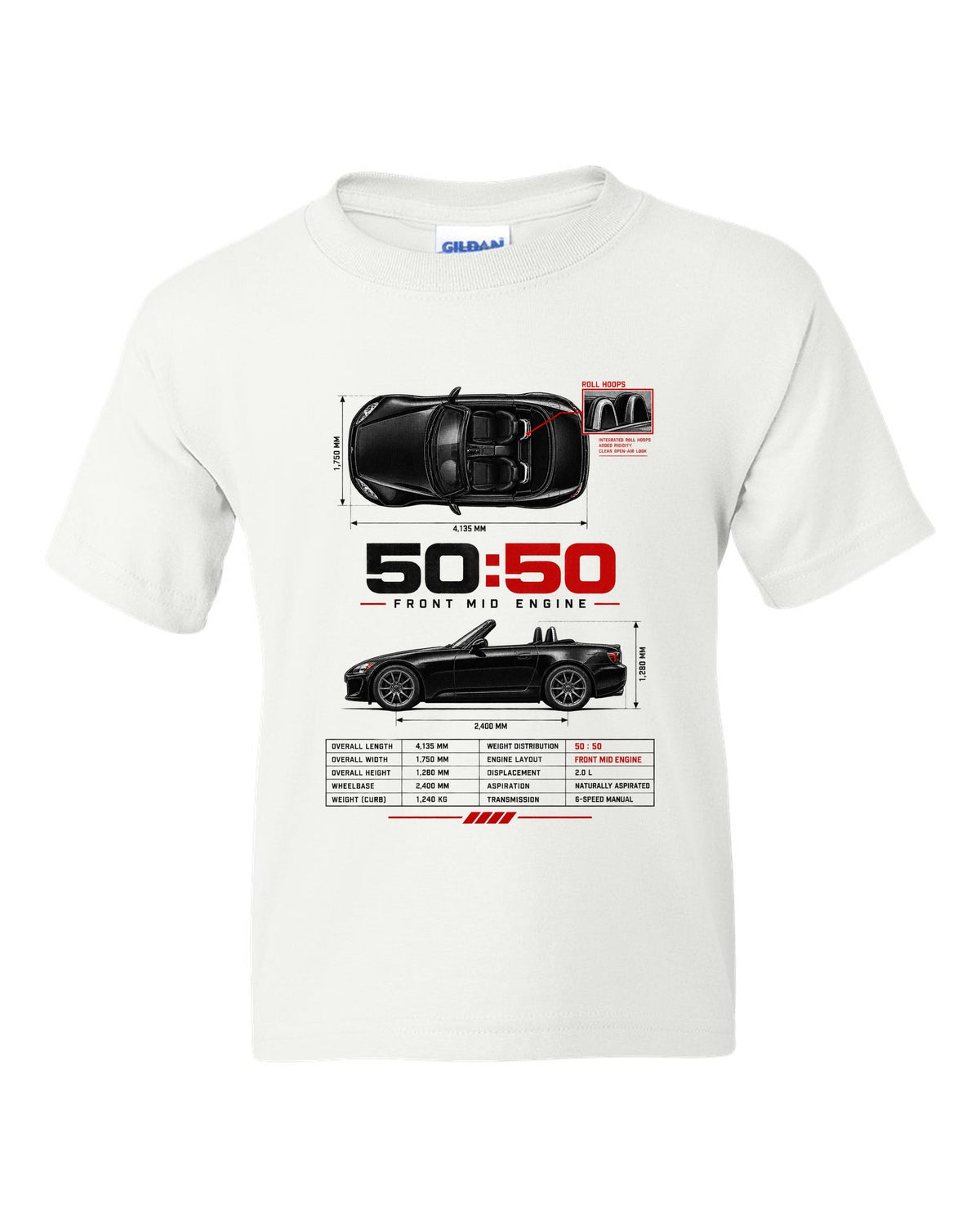 Honda S2000 AP2 roadster spec poster design with 50:50 front mid engine 2,400 mm text white kids tee front view with the design
