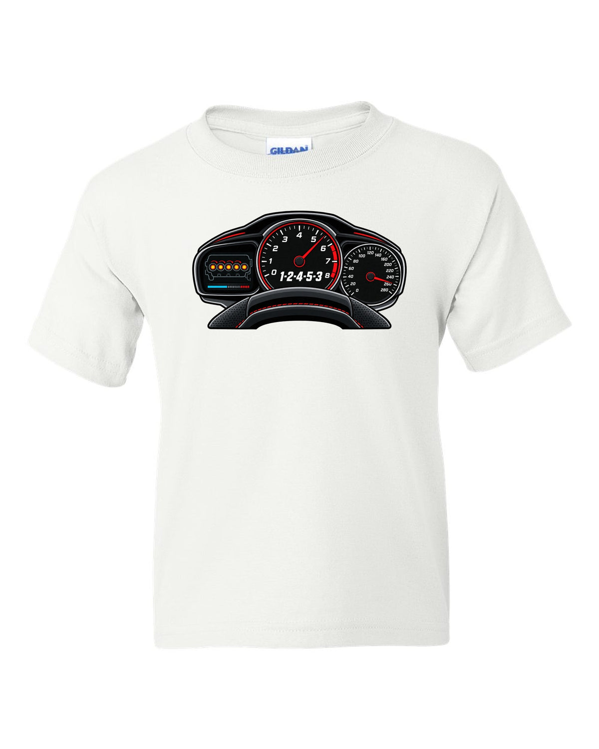 Flat gauge cluster print for the Audi RS3 8V showing the 1-2-4-5-3 firing order white kids tee front view with the design
