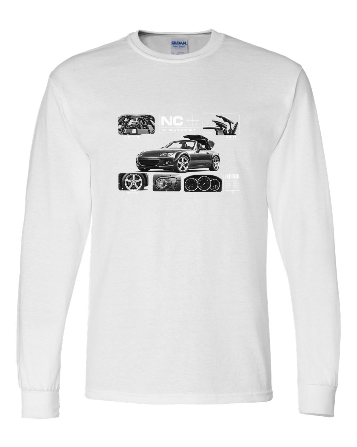 Dossier panel print of a Mazda MX-5 NC PRHT with roof and 1,999 cc lettering white long sleeve front view with the design