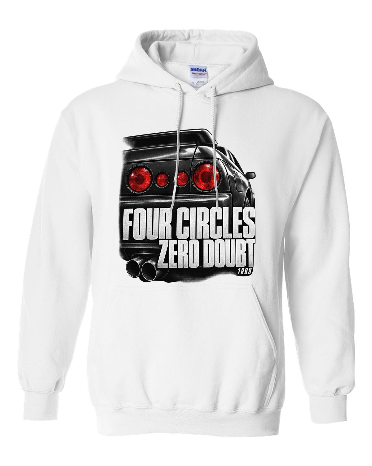 Close-up macro of the round taillights on a Nissan Skyline GT-R R32 with four circles lettering white pull over hoodie front view with the design