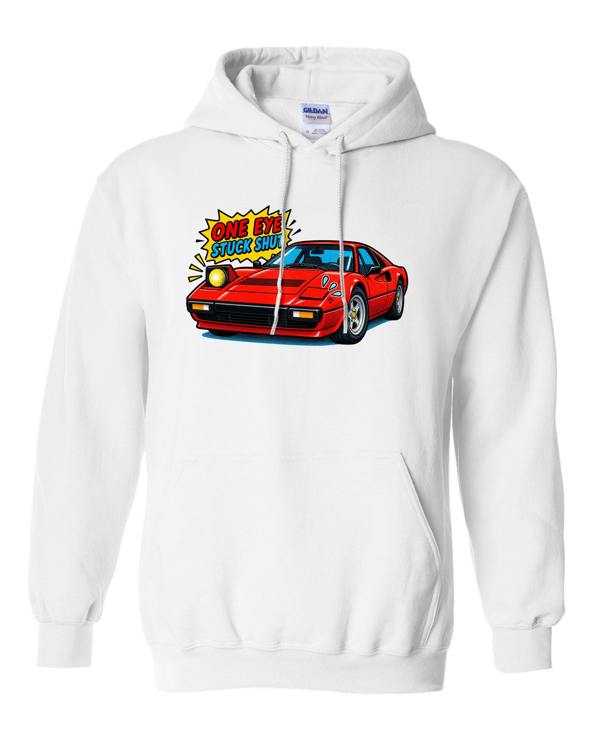 Comic halftone print of a Ferrari 308 GTB with one pop-up headlight stuck shut white pull over hoodie front view with the design