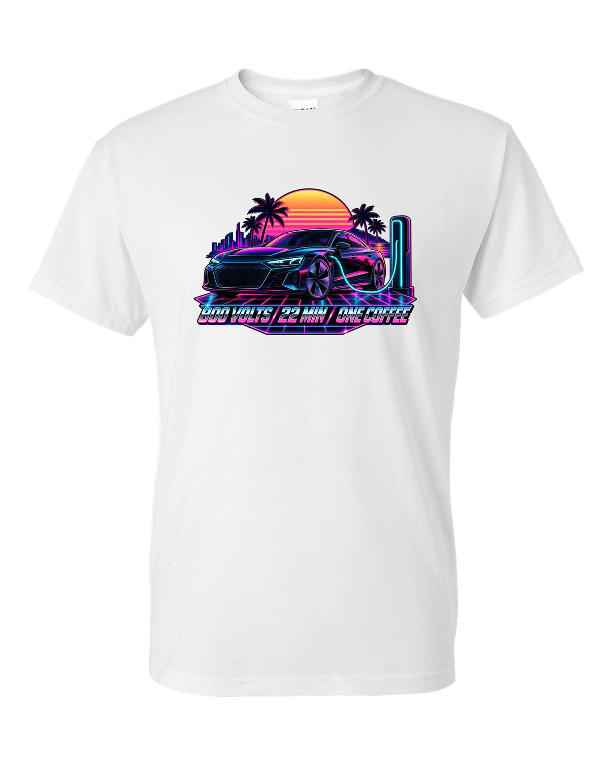 Synthwave print of an Audi e-tron GT at dusk with charging time text white t-shirt front view with the design