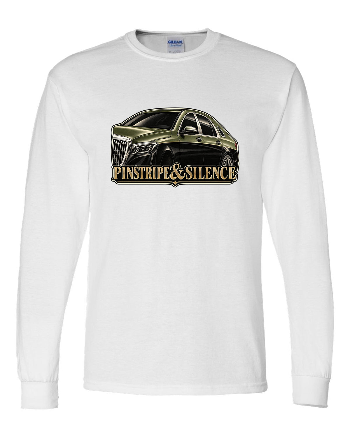Duotone screenprint of a two-tone Mercedes-Maybach S-Class W222 with Pinstripe and Silence text white long sleeve front view with the design
