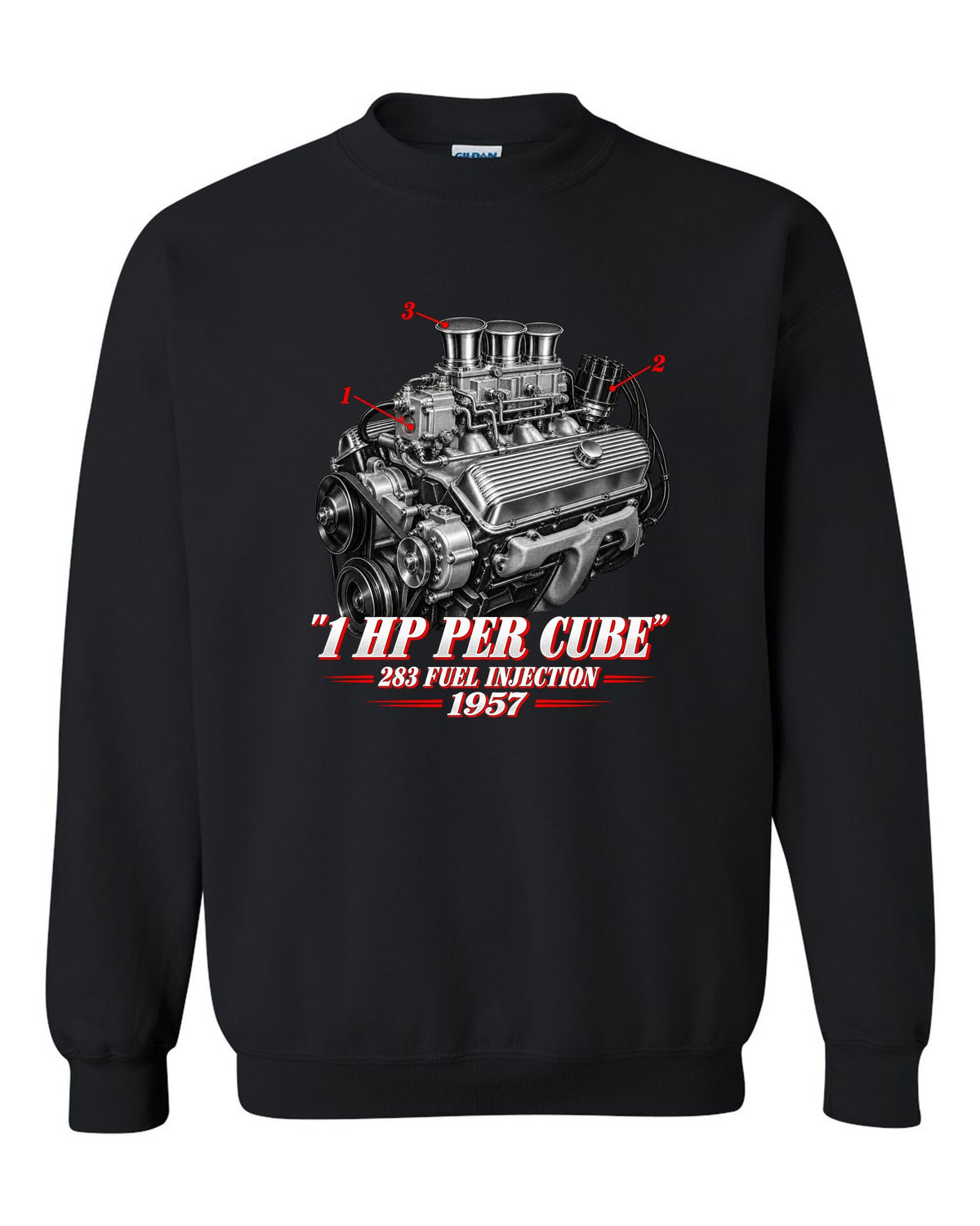 Chevrolet Corvette C1 1957 fuel-injected 283 engine print black crewneck front view with the design
