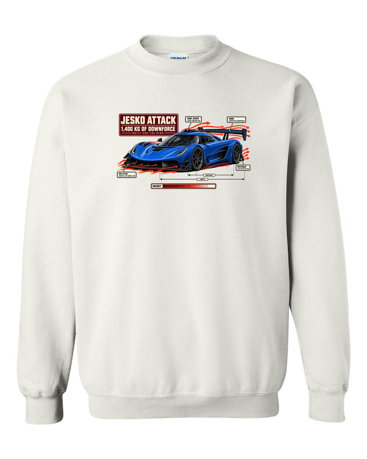 Aero callout diagram of the Koenigsegg Jesko Attack with rear wing and splitter, print white crewneck front view with the design