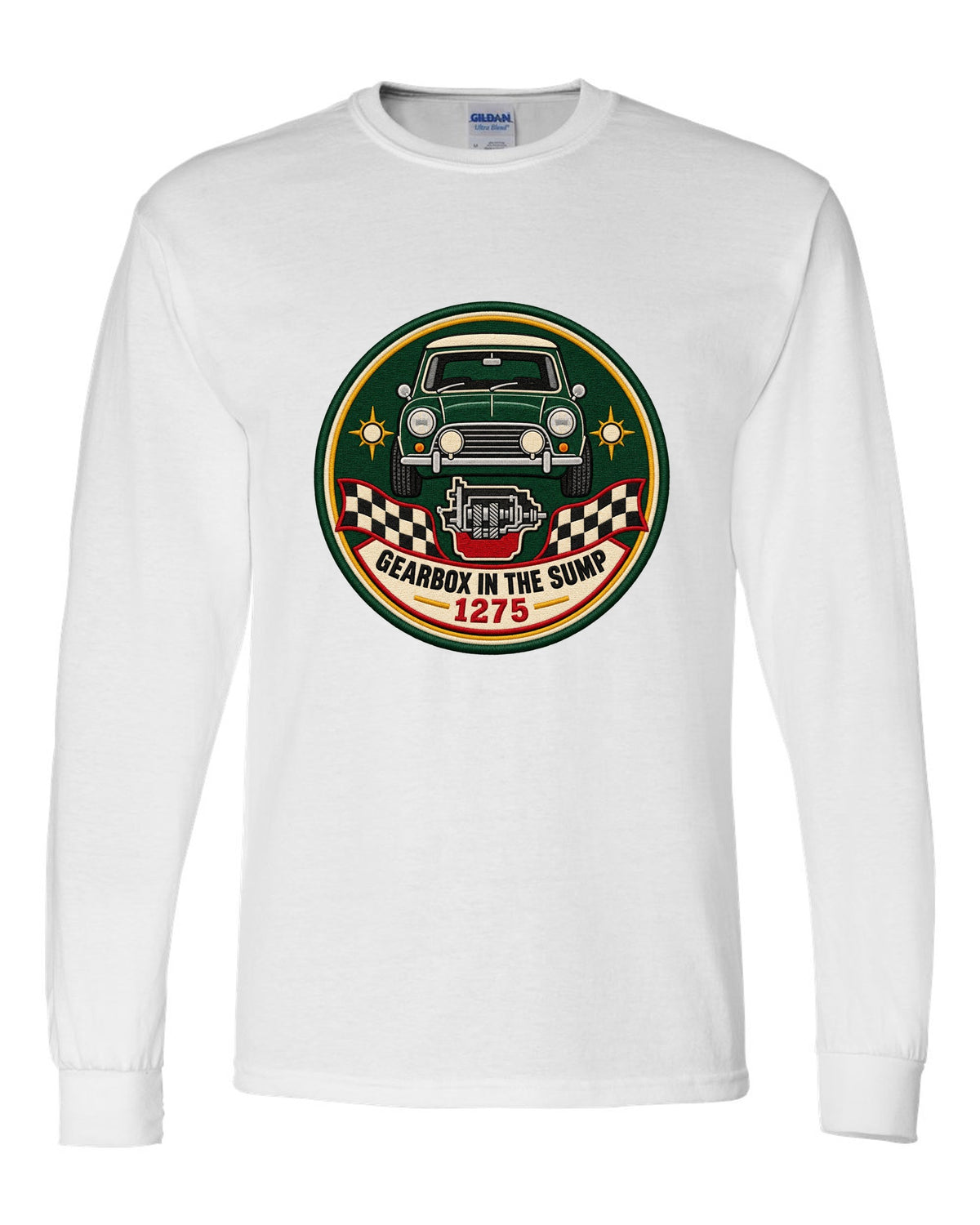Round crest for the classic Mini Cooper S ADO15 with gearbox in the sump lettering white long sleeve front view with the design