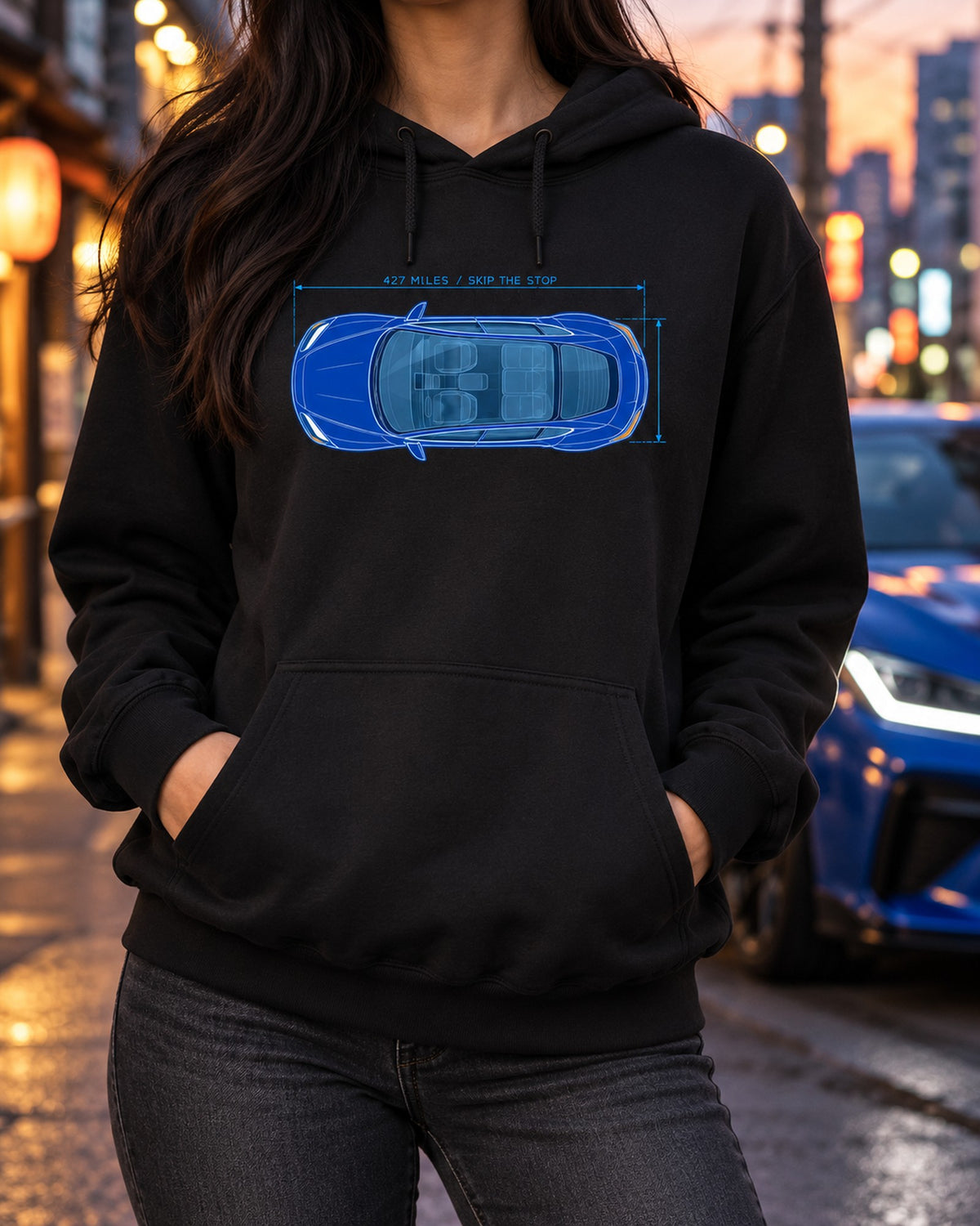 Lucid Air Sapphire Cyan Blueprint Shirt, Range Joke Tee Pull Over Hoodie Black worn hero
