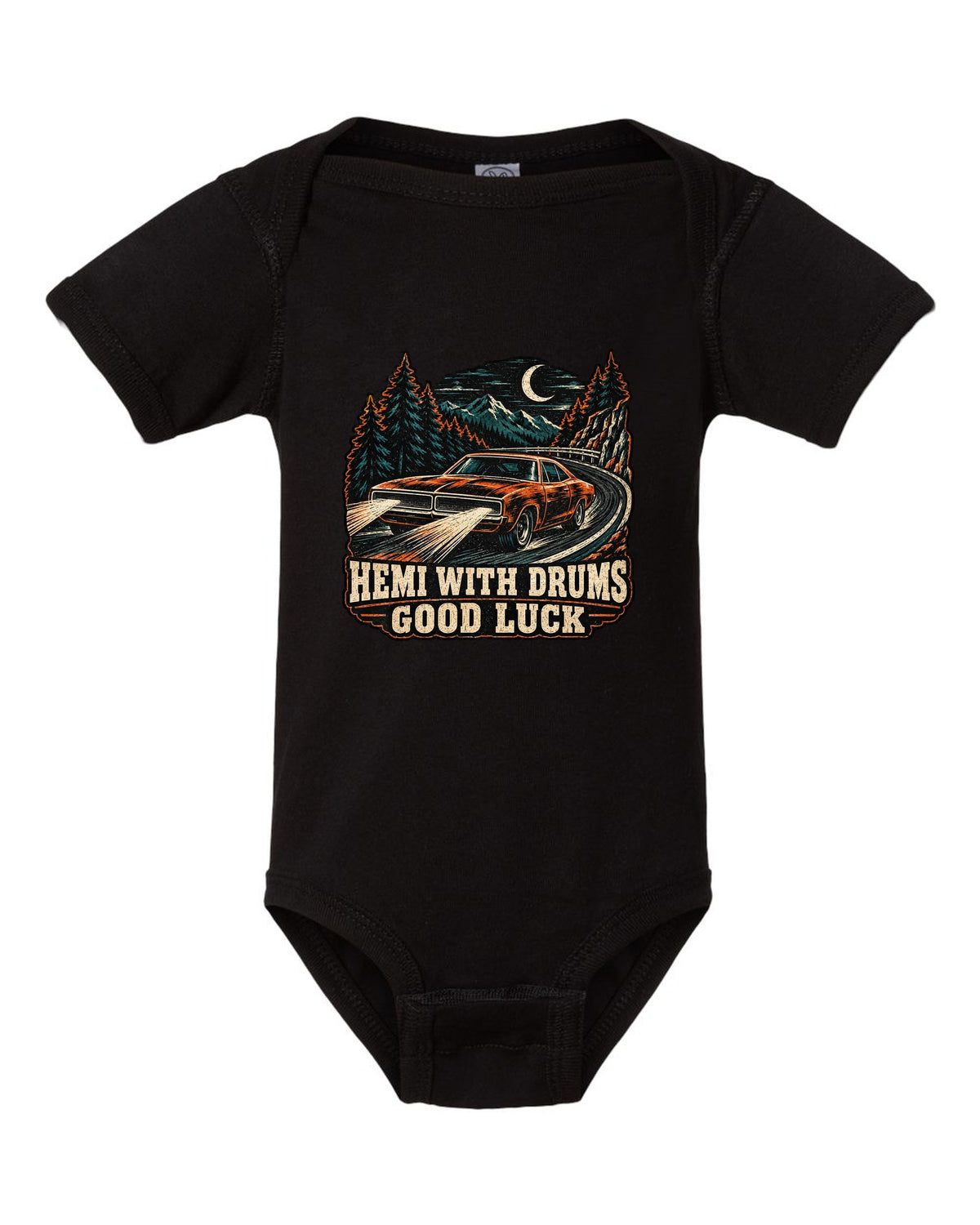 1968 Dodge Charger R/T multi-ink woodcut linocut print with Hemi With Drums Good Luck text black baby onesie front view with the design