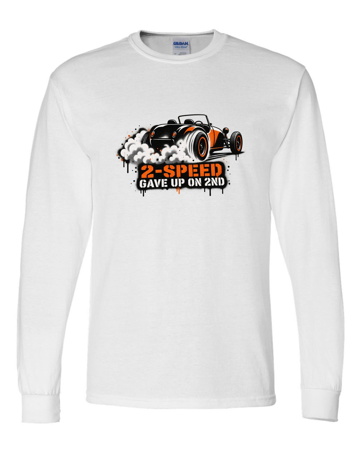 Spray stencil street art print of a Tesla Roadster Gen 1 reading 2-Speed Gave Up on 2nd white long sleeve front view with the design