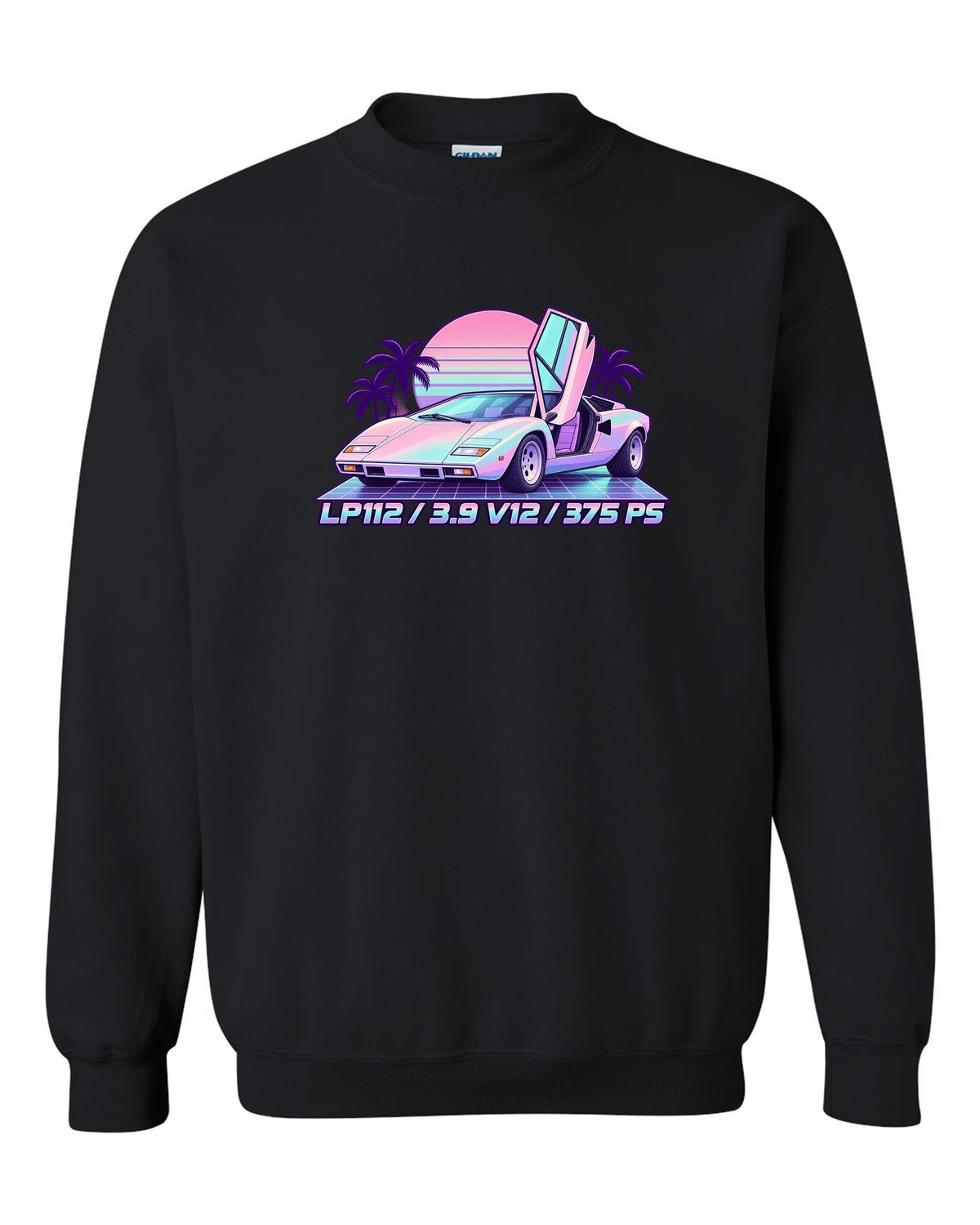 Pastel vaporwave Lamborghini Countach LP400 with LP112, 3.9 V12 and 375 PS lettering black crewneck front view with the design
