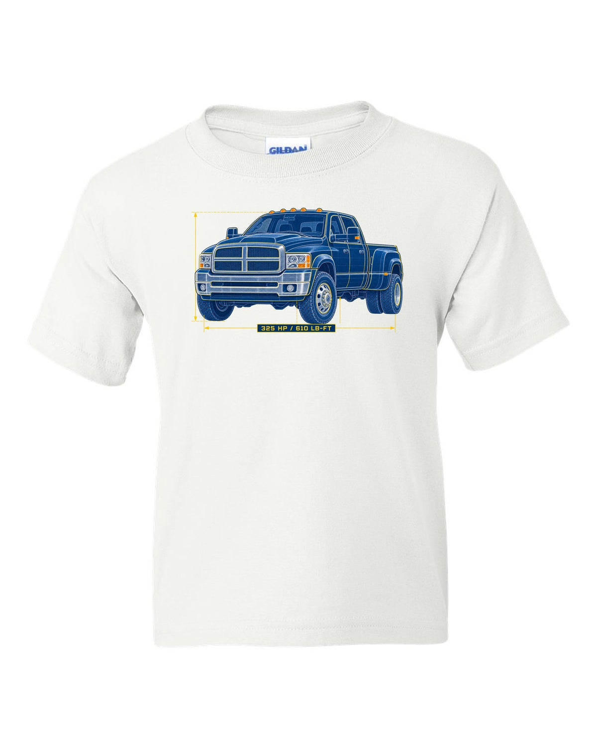 Cyanotype blueprint of a 2003-2009 Dodge Ram 3rd gen 5.9 HO with 325 HP and 610 LB-FT lettering white kids tee front view with the design