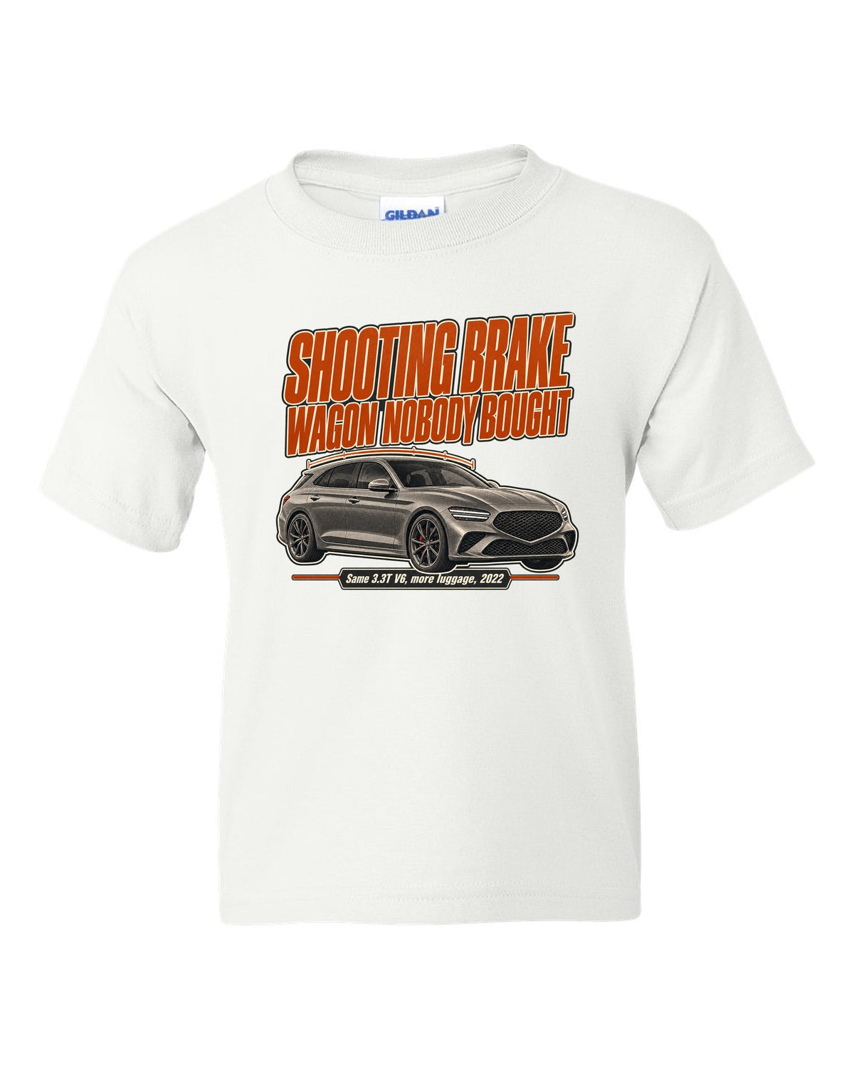 Editorial headline print for the Genesis G70 Shooting Brake reading wagon nobody bought white kids tee front view with the design