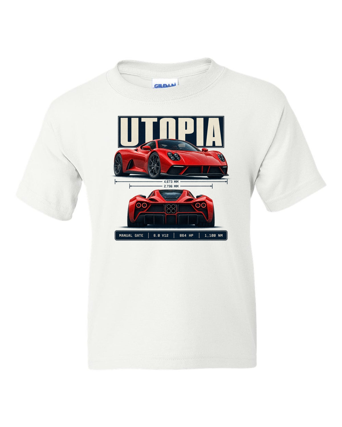 Spec poster print of the Pagani Utopia with the text manual gate, 6.0 V12, 864 hp, 1,100 Nm white kids tee front view with the design