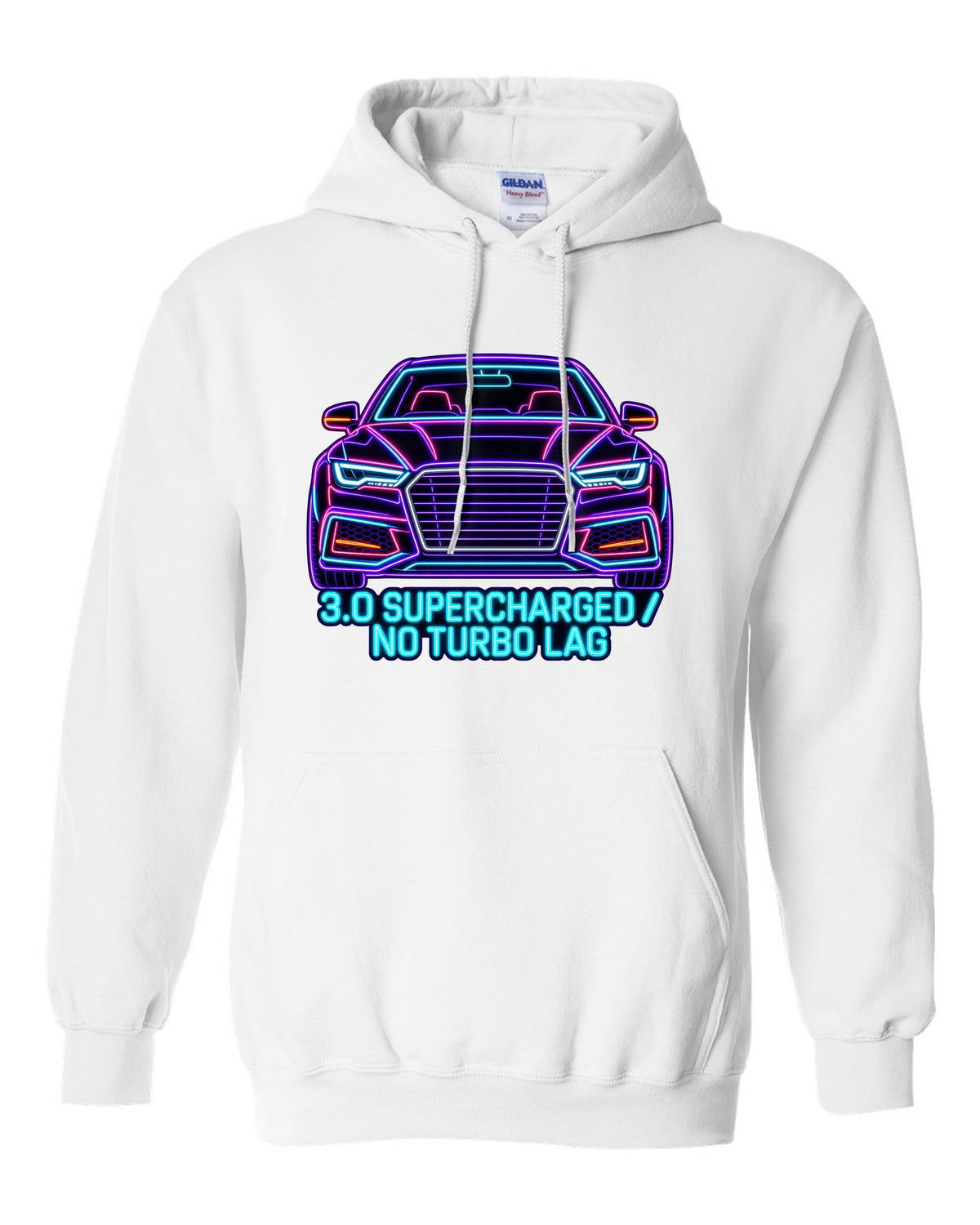Neon sign line art print of an Audi S4 B8 with 3.0 Supercharged text white pull over hoodie front view with the design