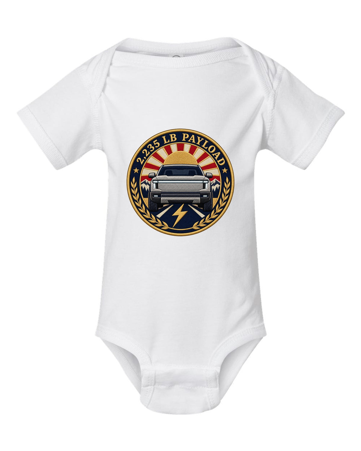 Ford F-150 Lightning embroidery-style round crest with 2,235 lb payload text white baby onesie front view with the design