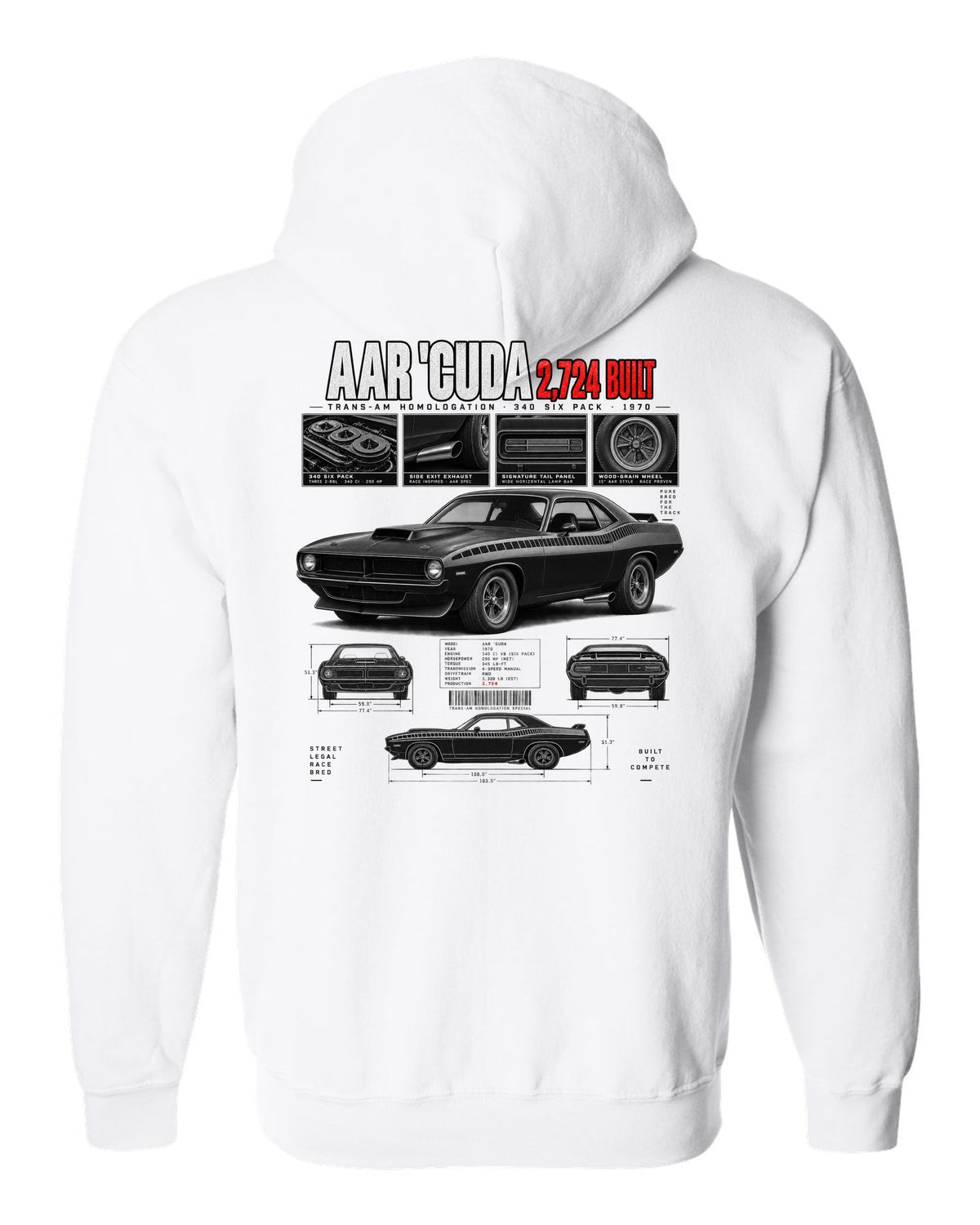 1970 Plymouth AAR Cuda E-body Dossier, 2,724 Built Tee white zip hoodie back view with the design