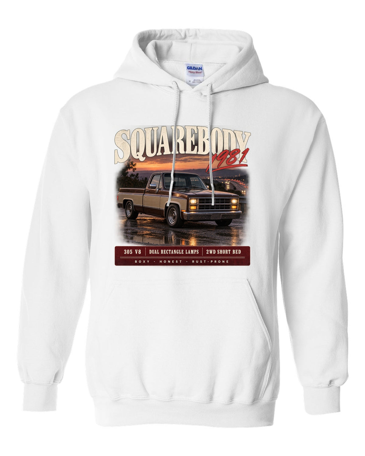 1981 Squarebody C10 Silverado archive panel print white pull over hoodie front view with the design