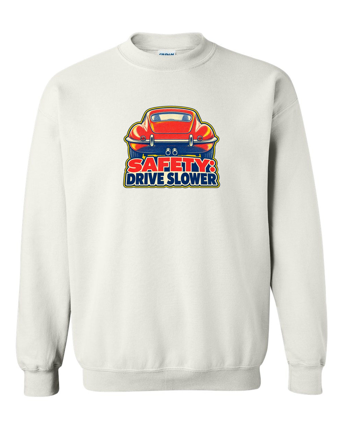 Jaguar E-Type Series 1 risograph print with SAFETY DRIVE SLOWER lettering white crewneck front view with the design
