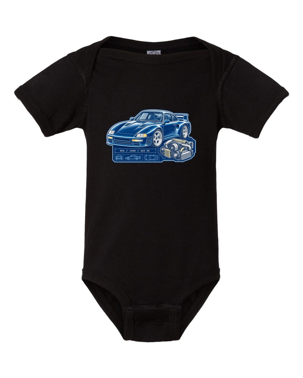 Porsche 959 cyanotype blueprint design with 1986 and 450 PS lettering black baby onesie front view with the design