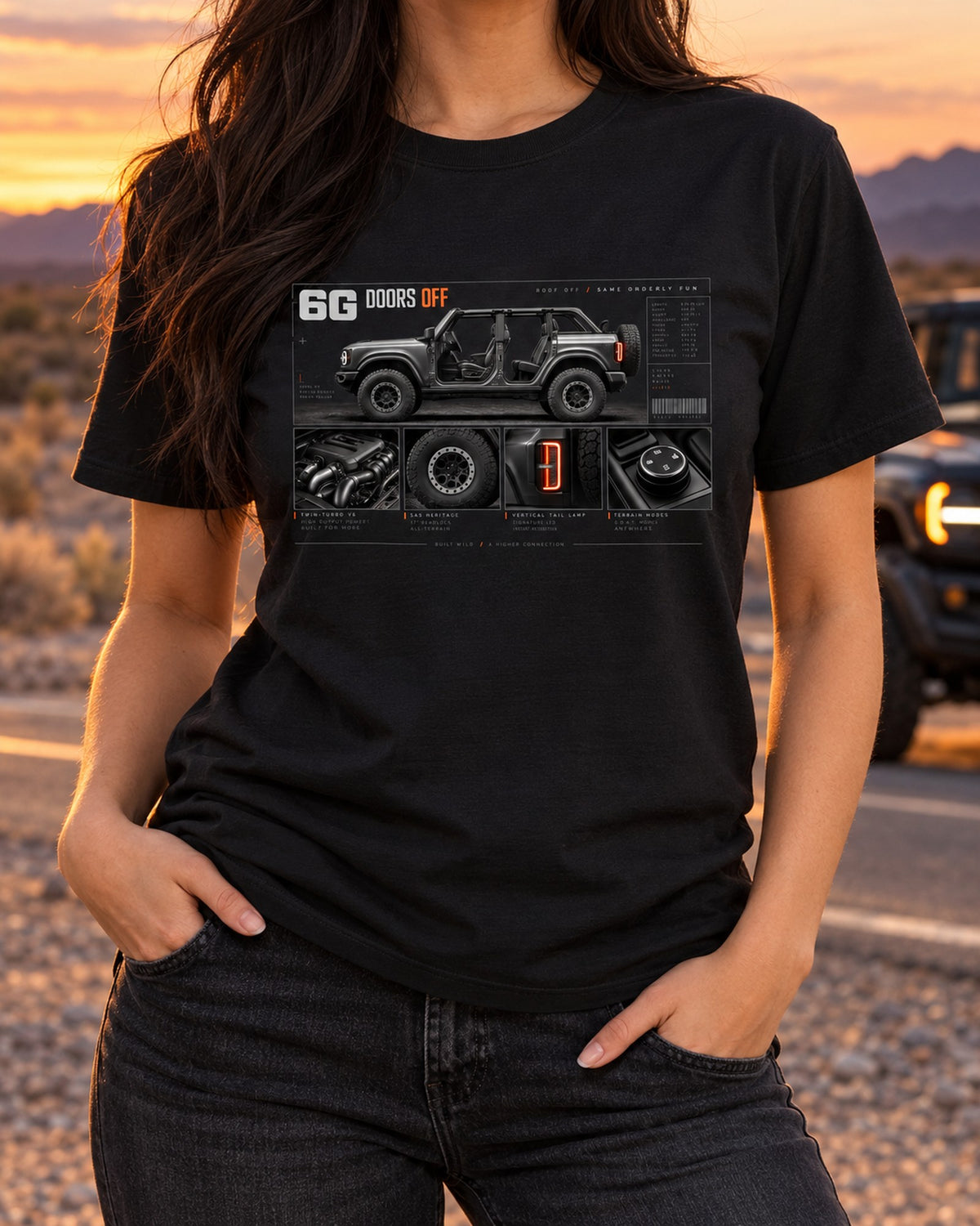 Ford Bronco 6G Four-Door Doors Off Dossier Shirt, 2021+ T-Shirt Black worn hero