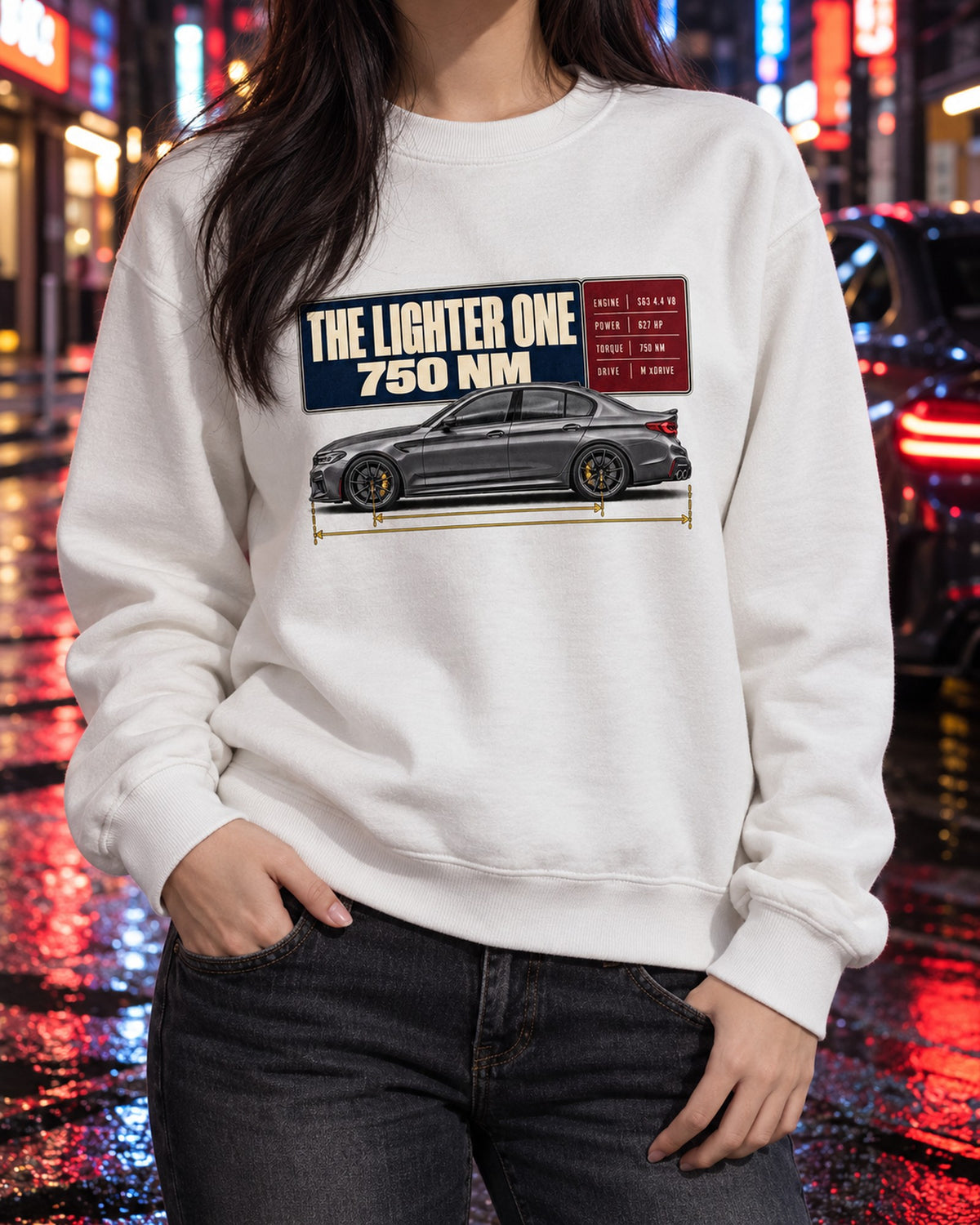 BMW M5 F90 CS Spec Poster Tee, The Lighter One Crewneck White worn hero