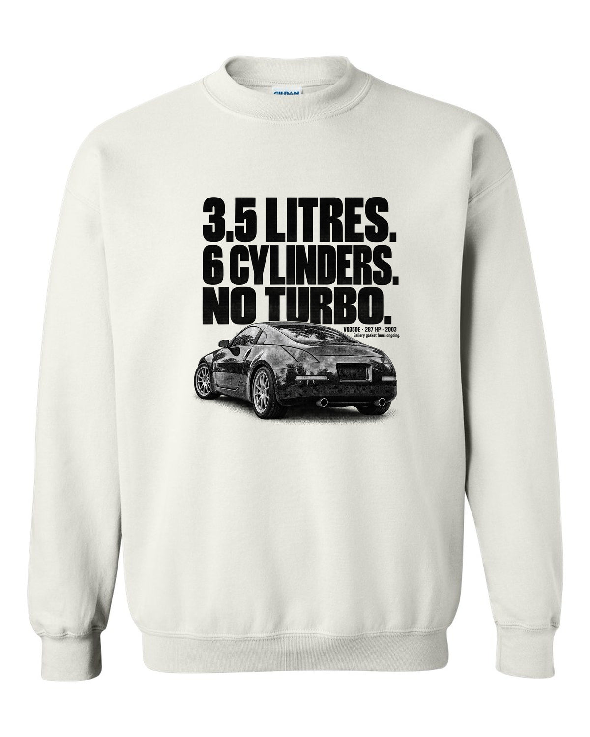 Halftone print of a Nissan 350Z Z33 rear three-quarter with VQ35DE 287 HP text white crewneck front view with the design