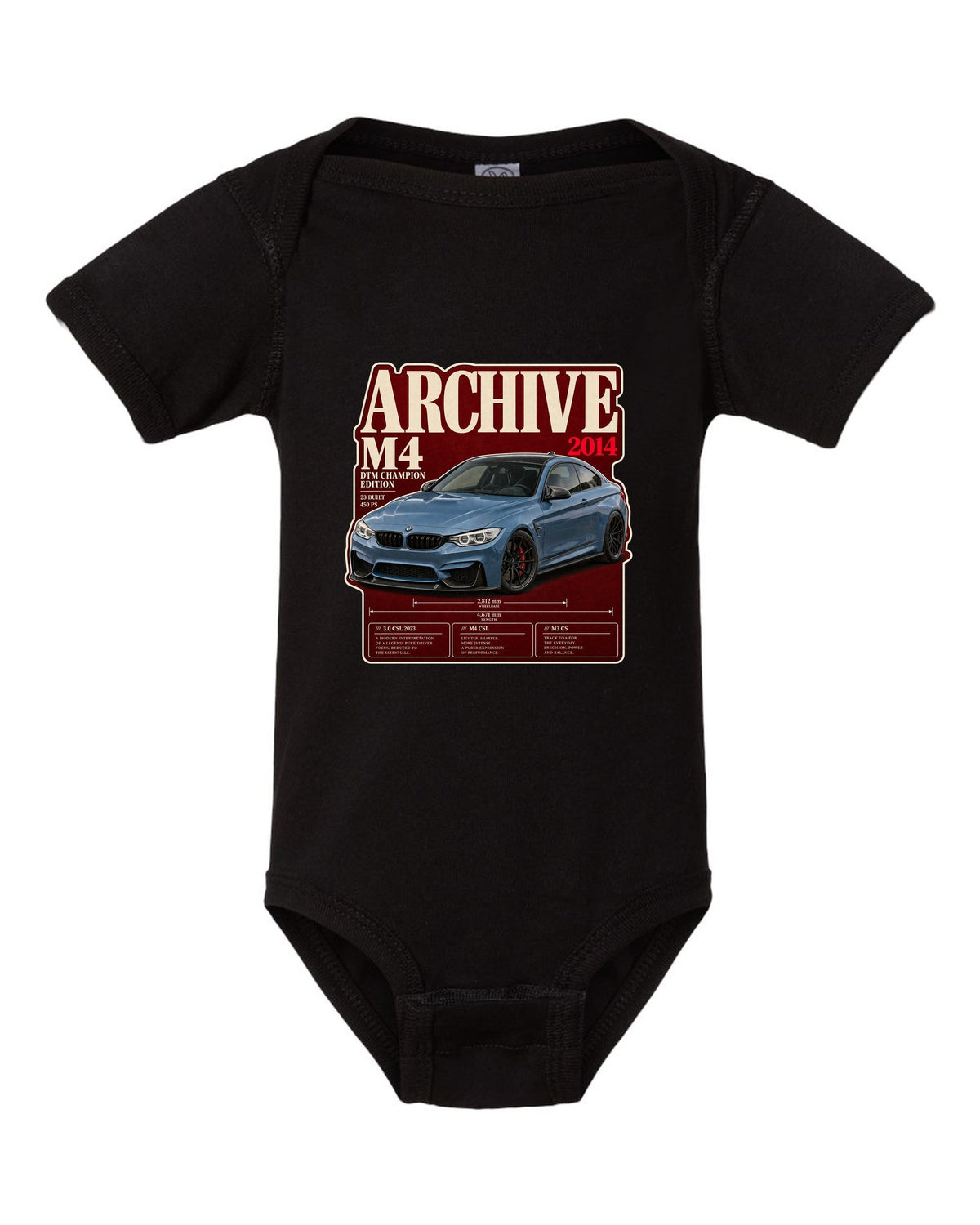 BMW M4 DTM Champion Edition F82 archive panel print black baby onesie front view with the design