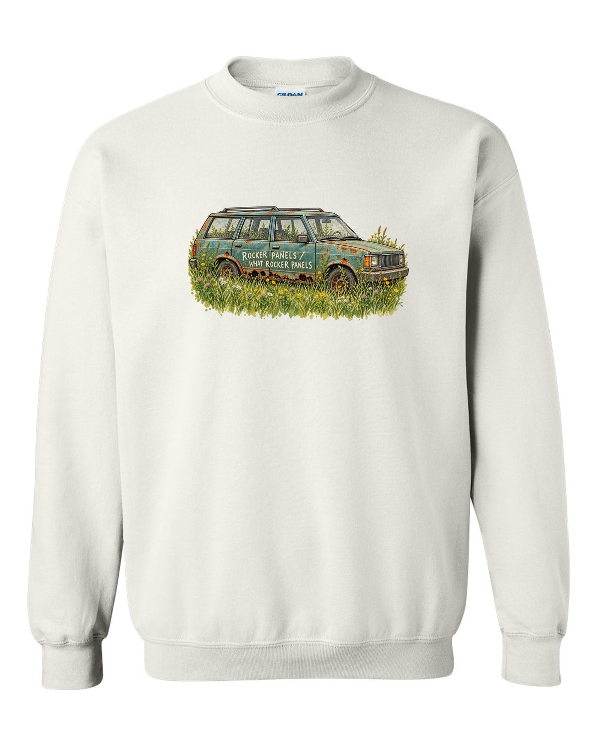 Watercolour print of a Jeep Cherokee XJ in a meadow with a rocker panel joke white crewneck front view with the design