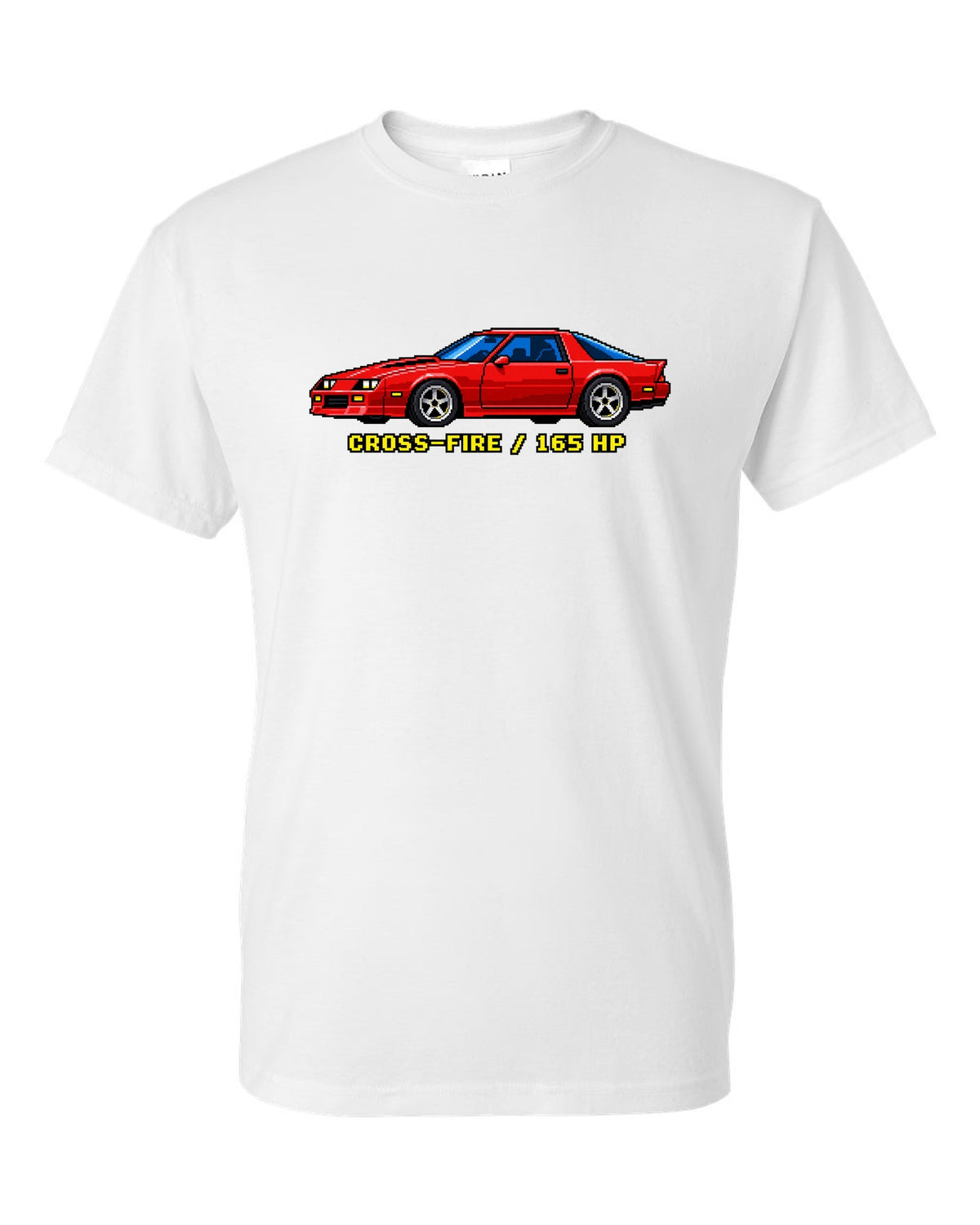 1982 Camaro Z28 third-generation chback in 16-bit pixel art with Cross-Fire 165 HP text white t-shirt front view with the design