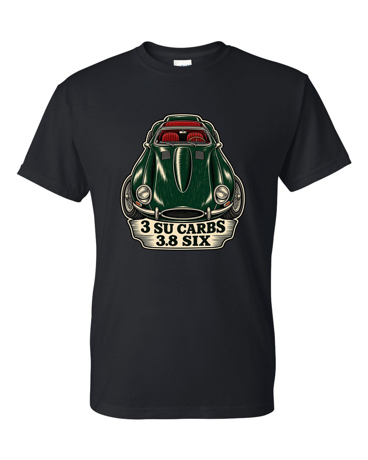 Jaguar E-Type Series 1 long bonnet woodcut with 3 SU CARBS 3.8 SIX lettering black t-shirt front view with the design