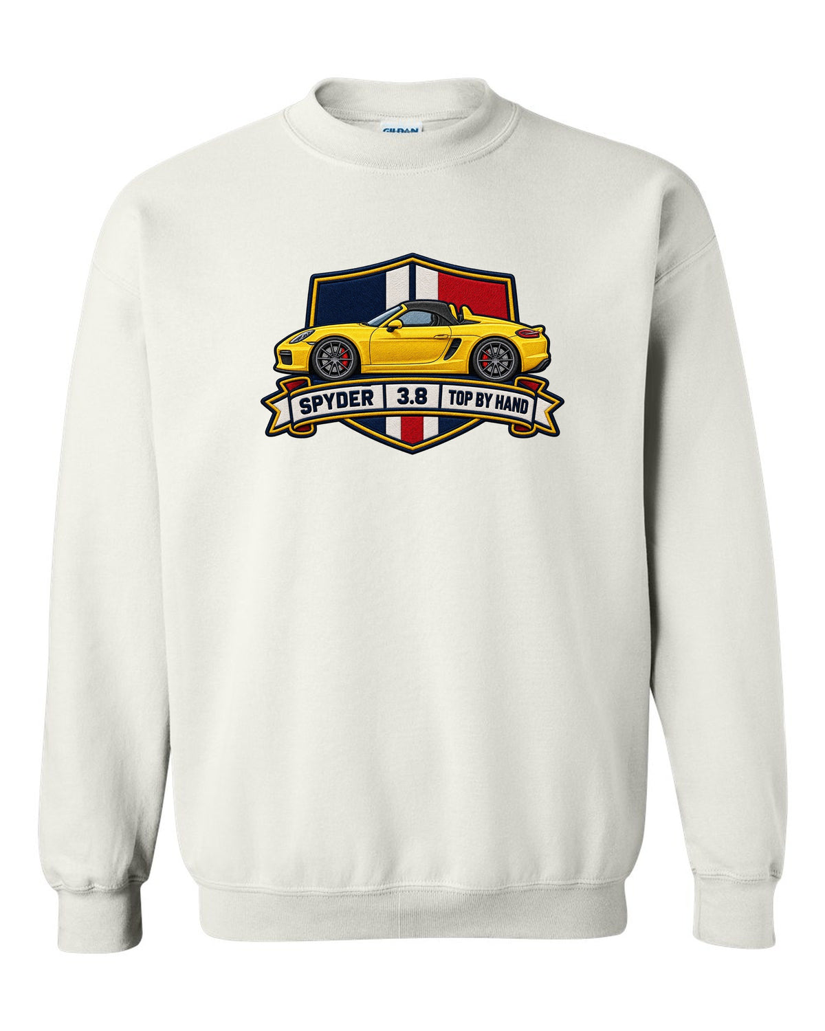 Embroidery-style crest design for the Porsche 981 Boxster Spyder with 3.8 and top by hand lettering white crewneck front view with the design