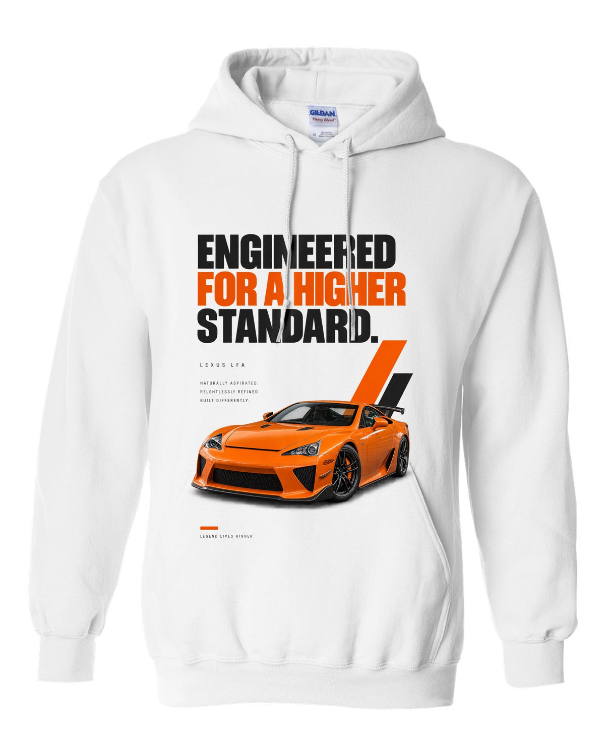Magazine headline layout featuring the Lexus LFA and its digital tachometer white pull over hoodie front view with the design
