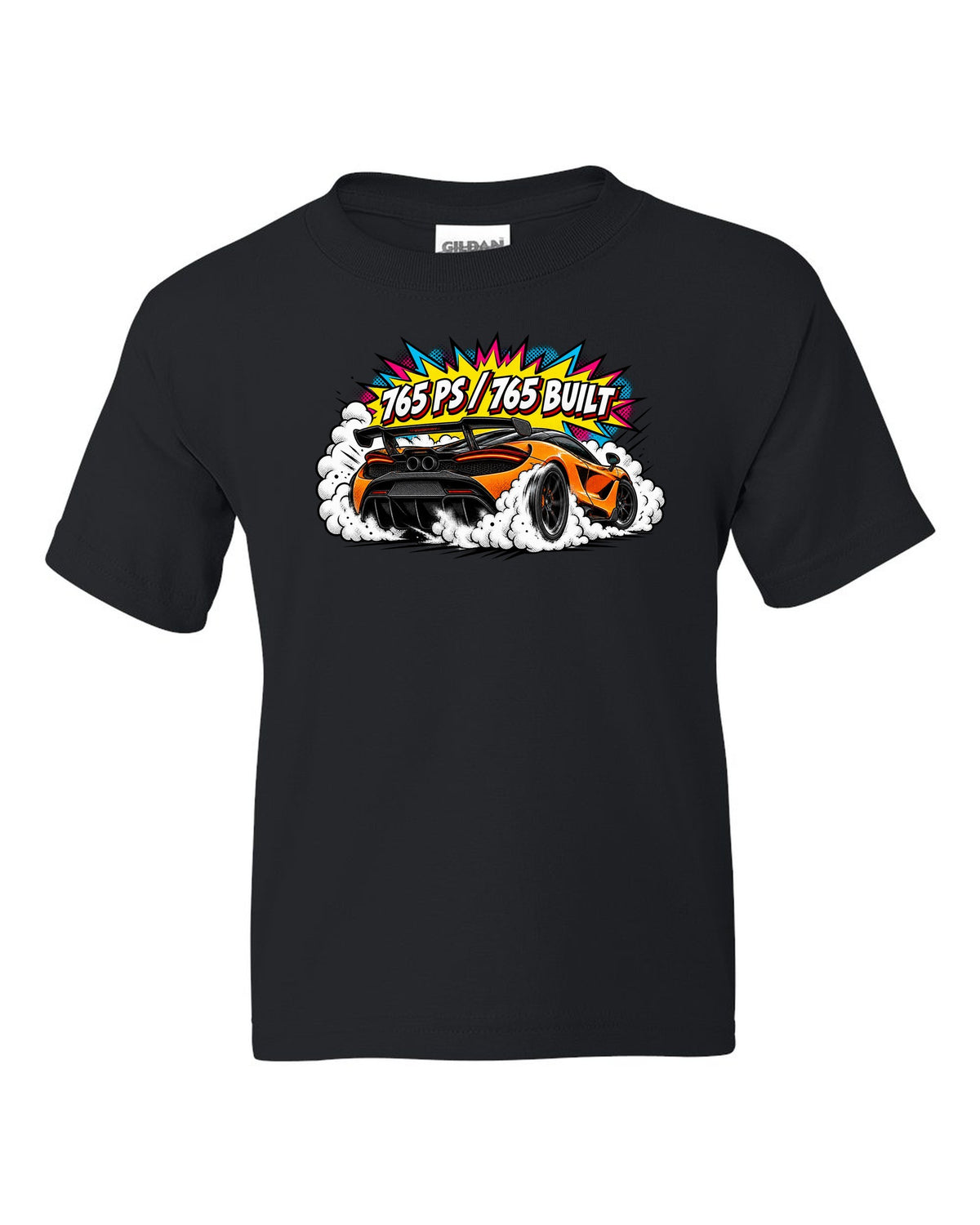 Comic halftone pop-art print of a McLaren 765LT burnout with 765 PS and 765 Built lettering black kids tee front view with the design