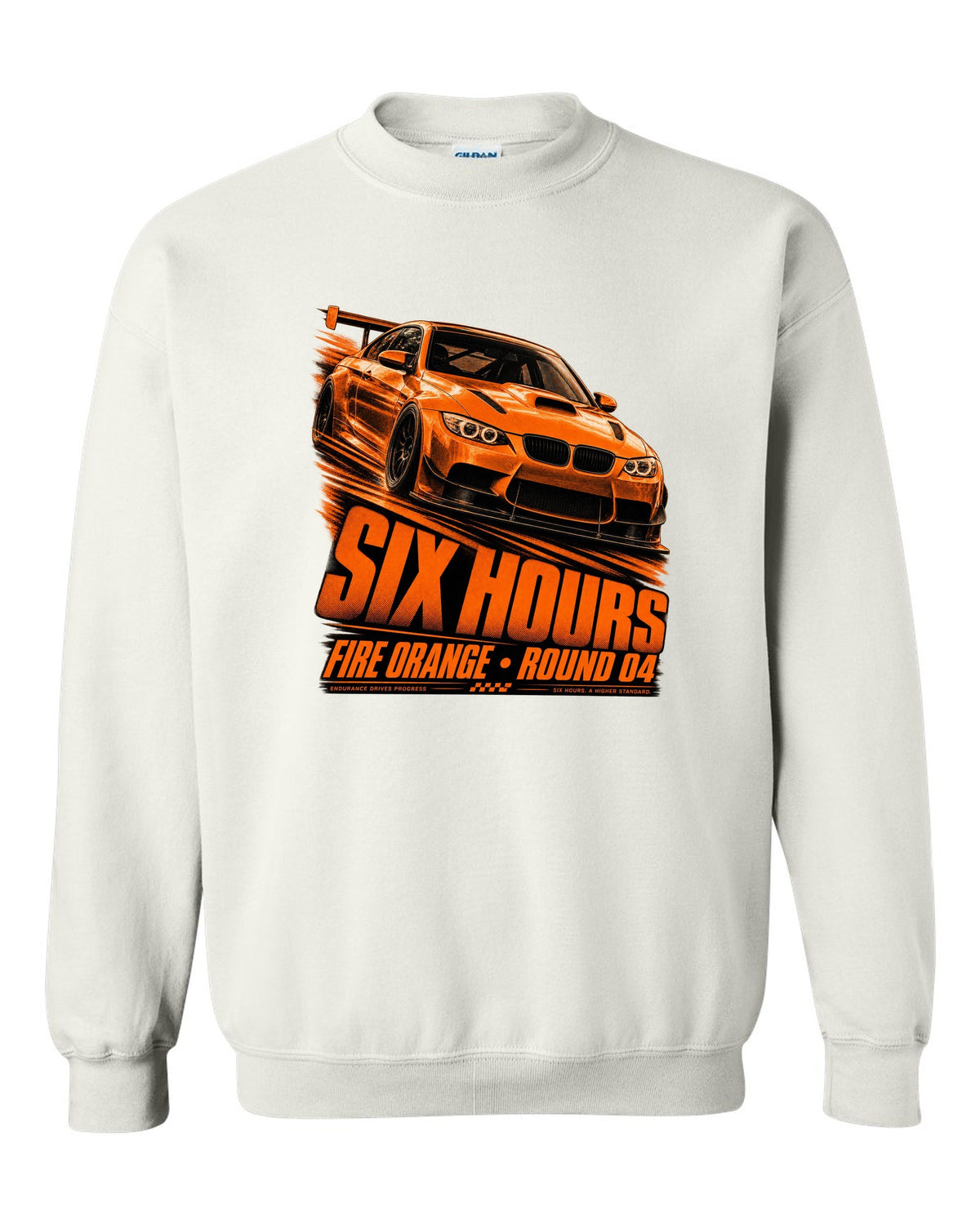 BMW E92 M3 GTS race poster print with Fire Orange round four lettering white crewneck front view with the design