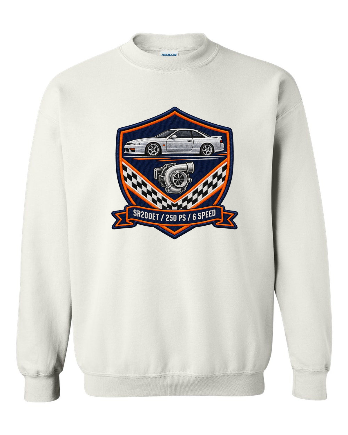 Embroidery-style shield crest print for the Nissan Silvia S15 with SR20DET 250 PS 6 speed lettering white crewneck front view with the design