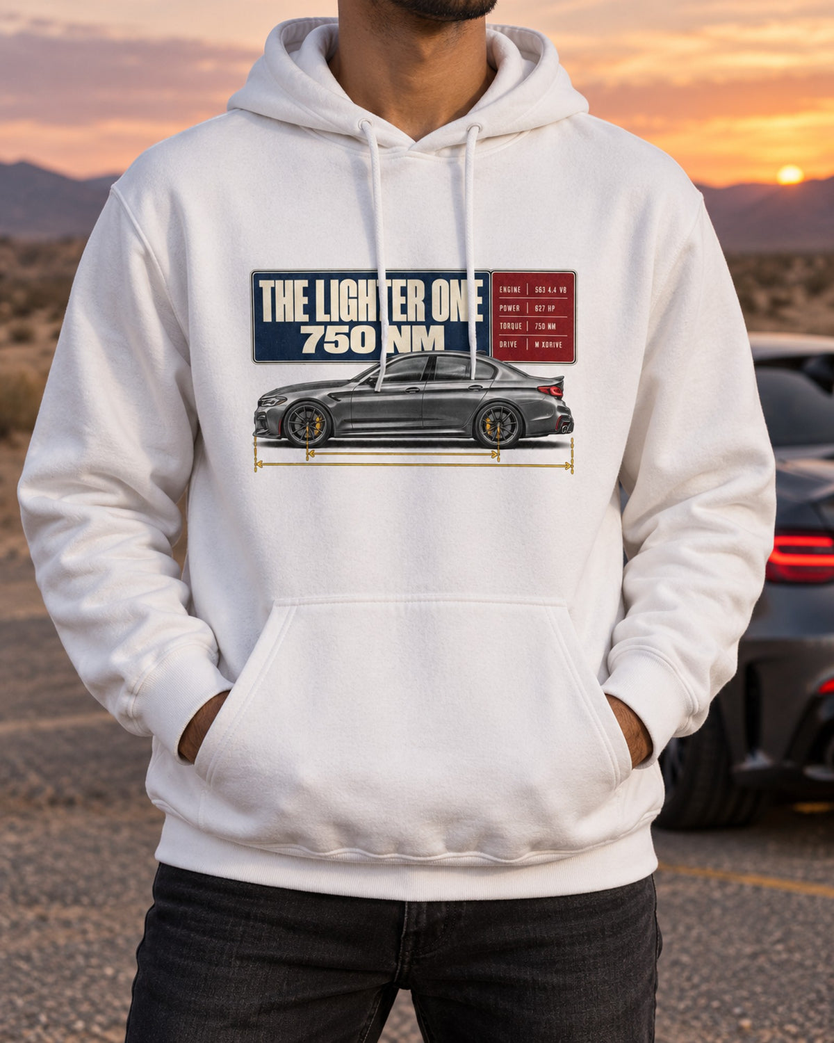 BMW M5 F90 CS Spec Poster Tee, The Lighter One Pull Over Hoodie White worn hero