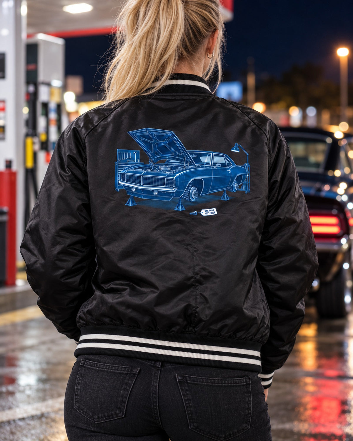 1969 Camaro Cyanotype Shirt, One Bolt Left Over Garage Tee Bomber Jacket Black worn hero