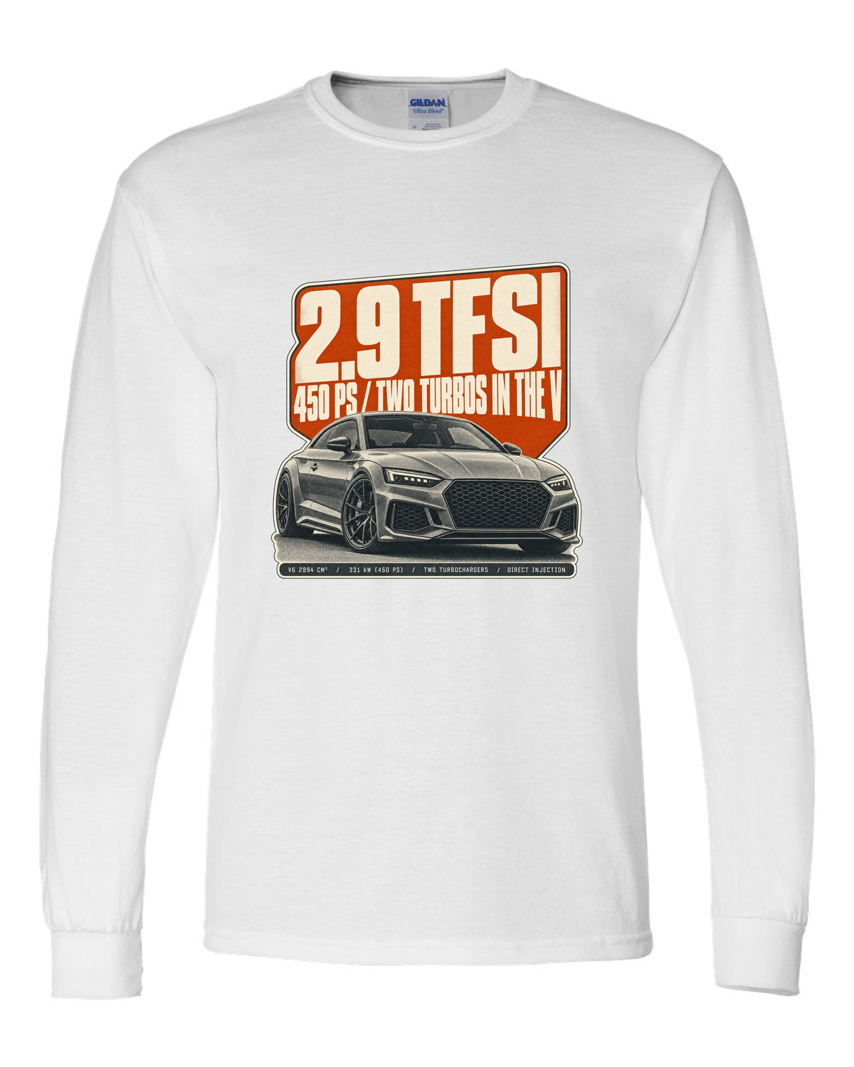 Halftone print of an Audi RS5 Coupe B9 with 2.9 TFSI and 450 PS text white long sleeve front view with the design