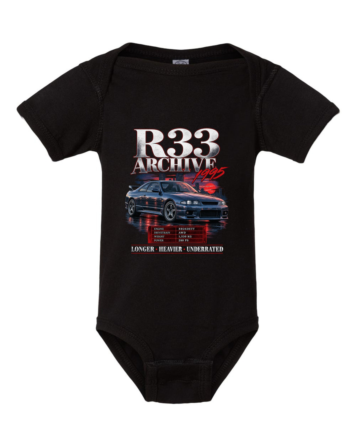 Archive panel print of a Nissan Skyline GT-R R33 BCNR33 with spec lettering black baby onesie front view with the design