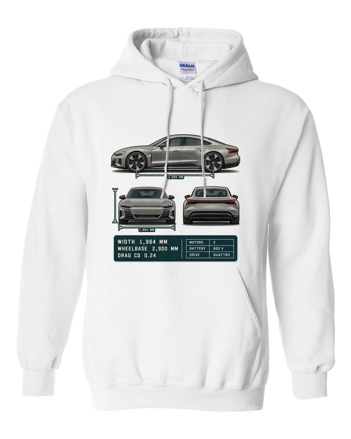 Audi RS e-tron GT Three-View Spec Table Tee, Cd 0.24 Car white pull over hoodie front view with the design