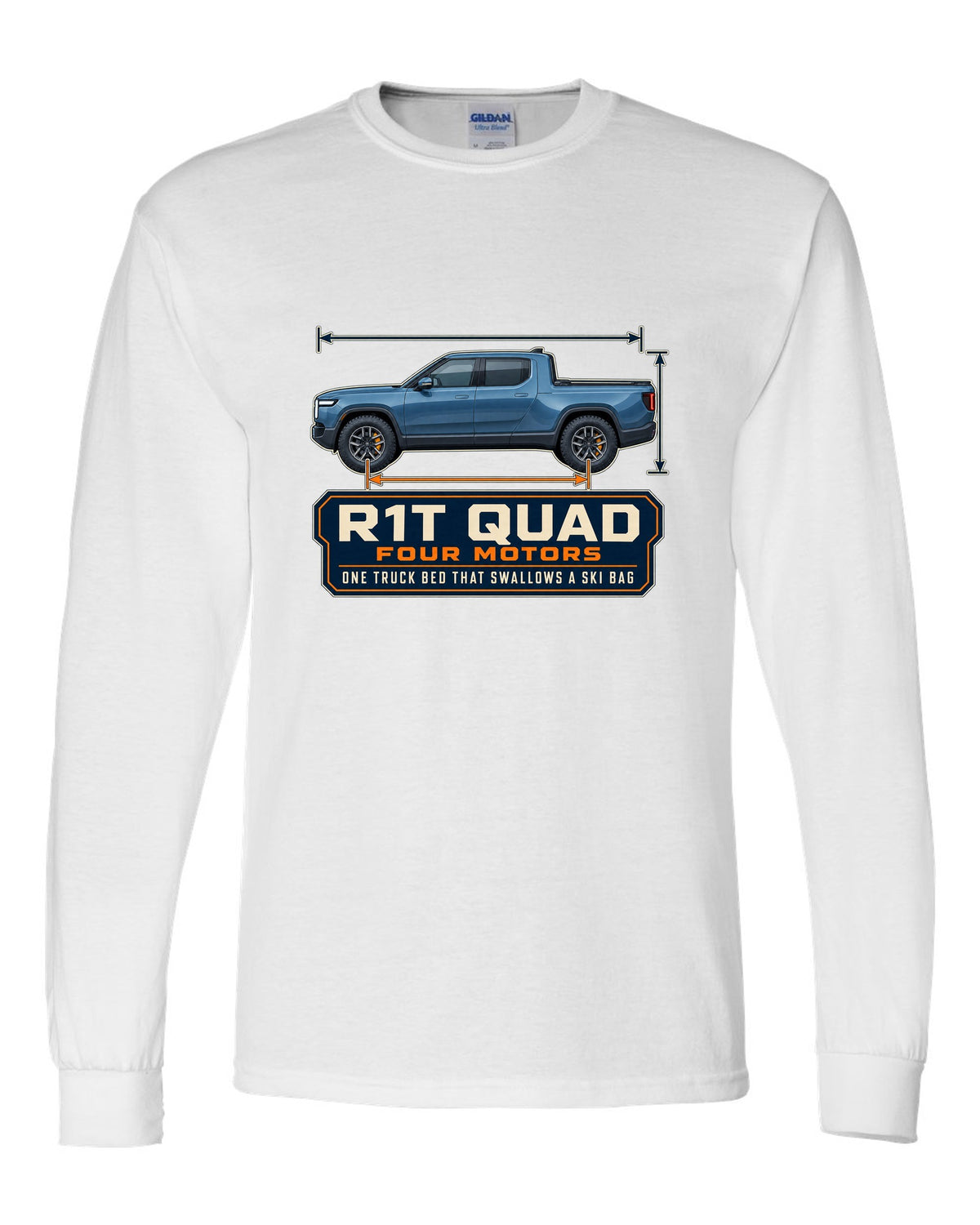 Dimension blueprint print of the Rivian R1T quad-motor electric truck white long sleeve front view with the design
