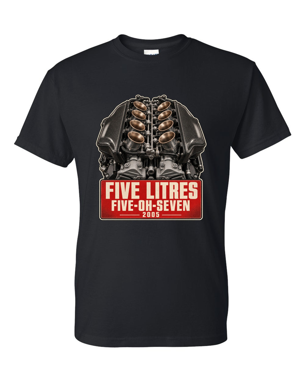 BMW M5 E60 S85 V10 engine poster-style print black t-shirt front view with the design