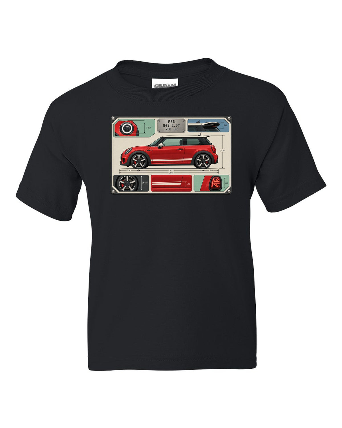 Spec-sheet data plate for the Mini JCW F56 with B48 2.0T and 231 HP black kids tee front view with the design
