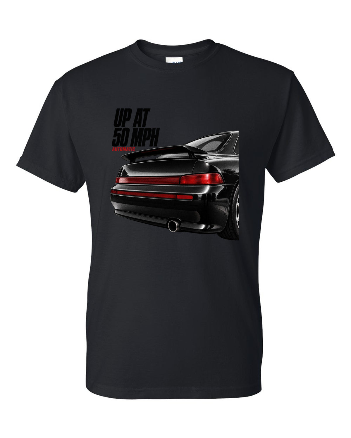 Detail macro print of the Porsche 911 Carrera 2 (964) rear spoiler with the caption Up At 50 MPH black t-shirt front view with the design