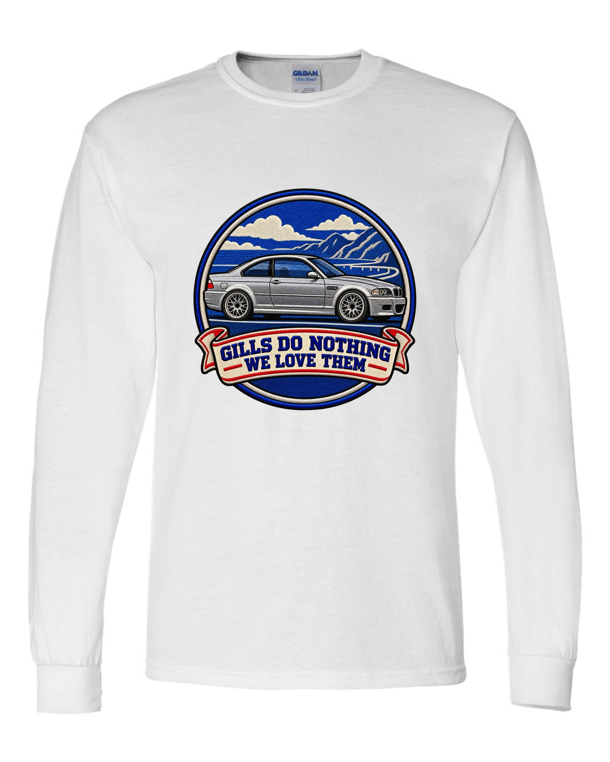 Varsity crest style print of a BMW E46 M3 coupe with gills do nothing we love them text white long sleeve front view with the design