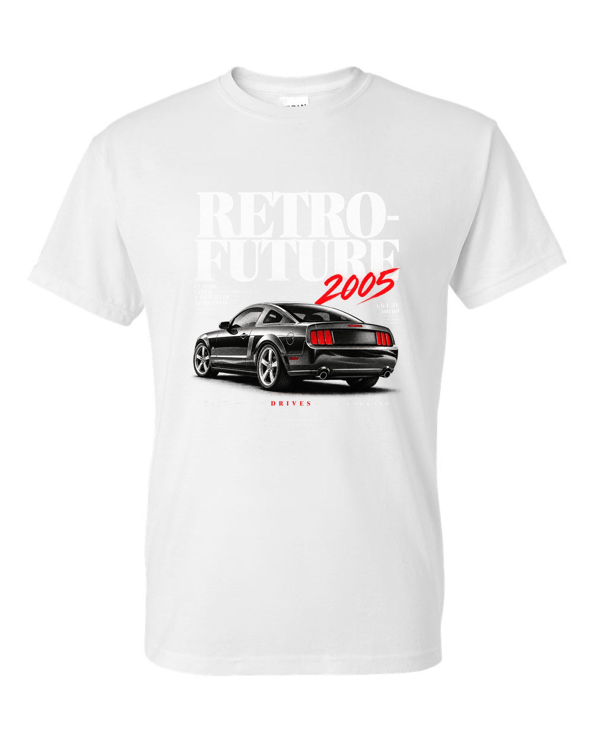 Editorial headline print of a 2005-09 Ford Mustang S197 GT white t-shirt front view with the design