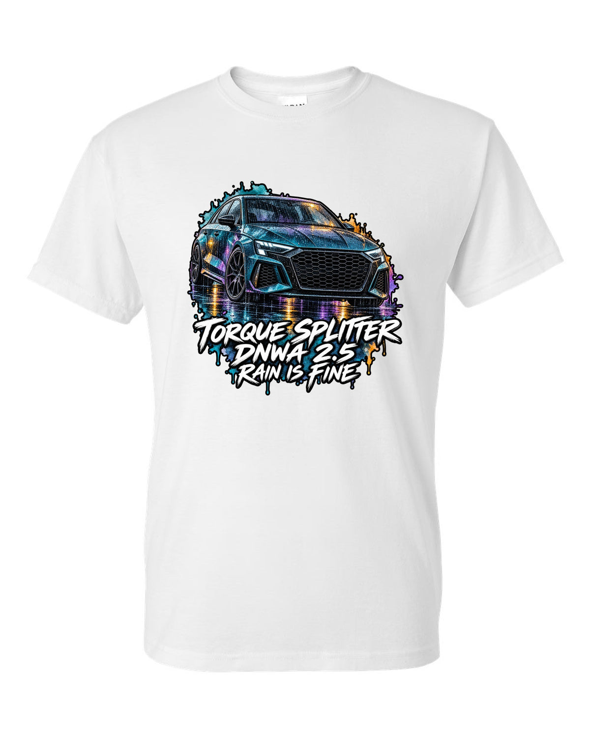Watercolour wash print of an Audi RS3 8Y with Rain Is Fine lettering white t-shirt front view with the design