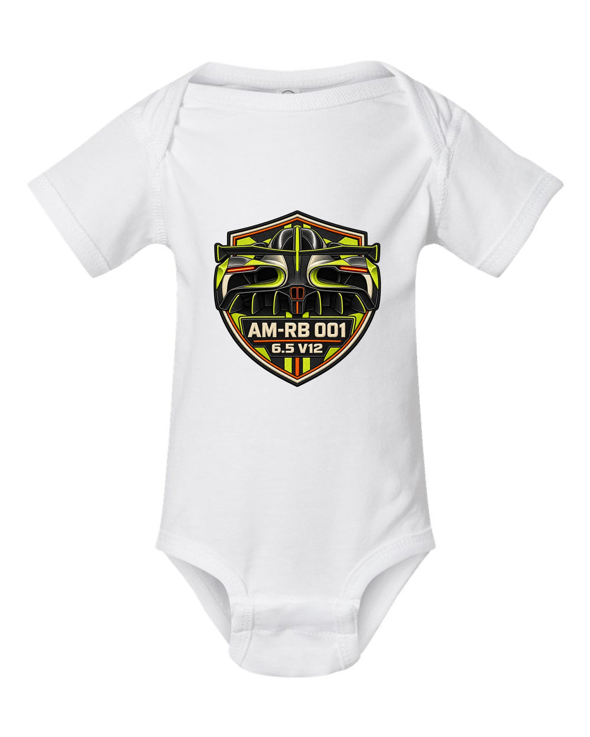 Varsity embroidery-style tunnel print of the 2021 Aston Martin Valkyrie with AM-RB 001 and 6.5 V12 lettering white baby onesie front view with the design