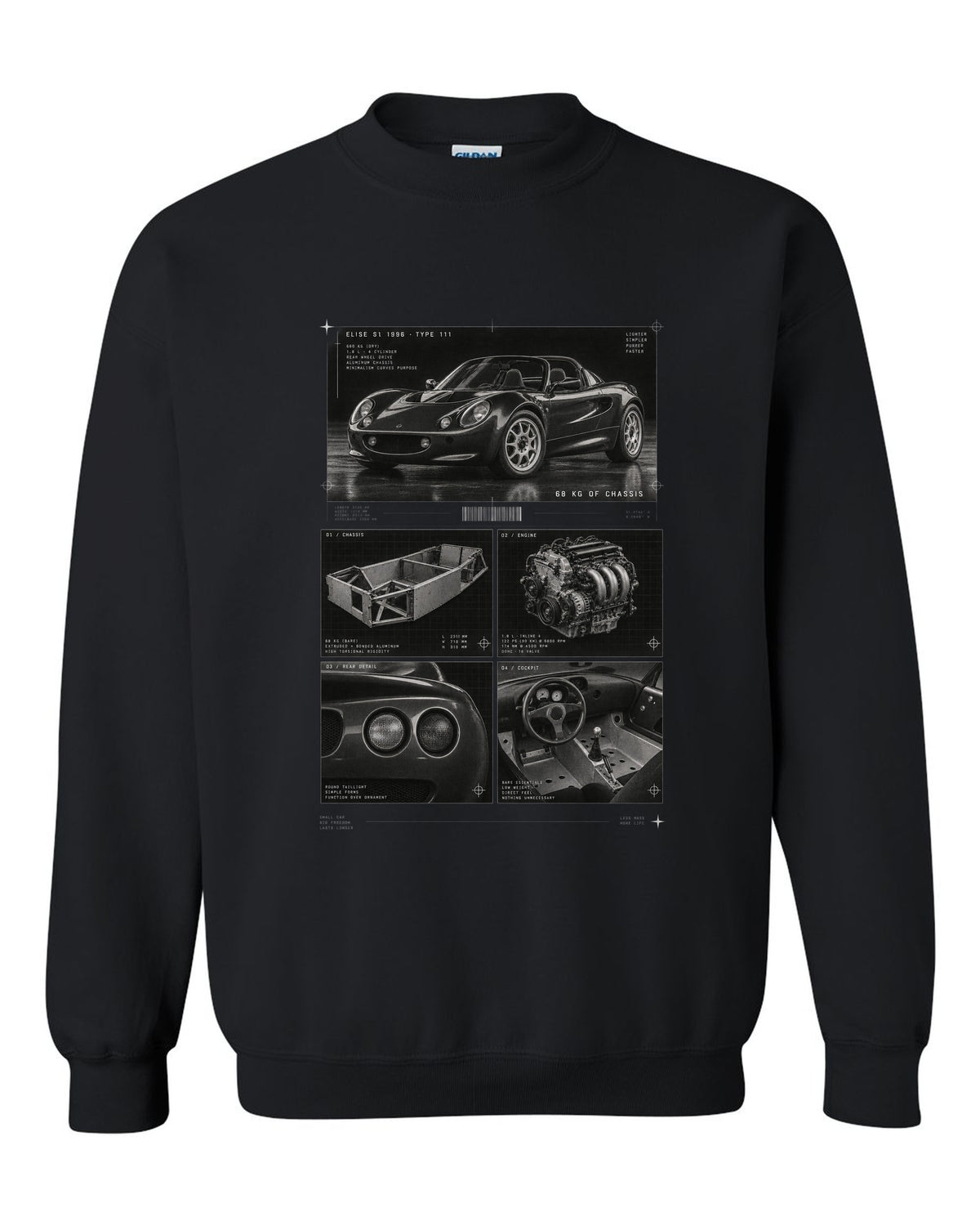 Dossier panel print of a 1996 Lotus Elise S1 Type 111 with 68 kg of chassis text black crewneck front view with the design
