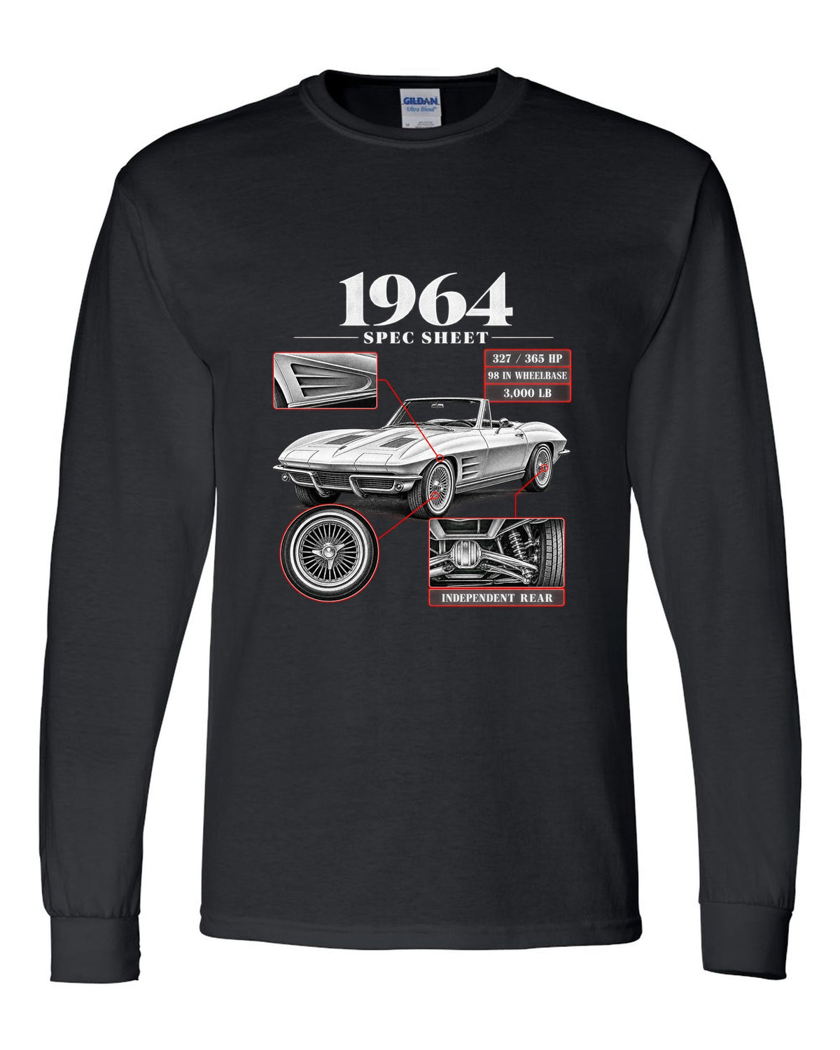 Chevrolet Corvette C2 Sting Ray 1964 convertible spec sheet print black long sleeve front view with the design